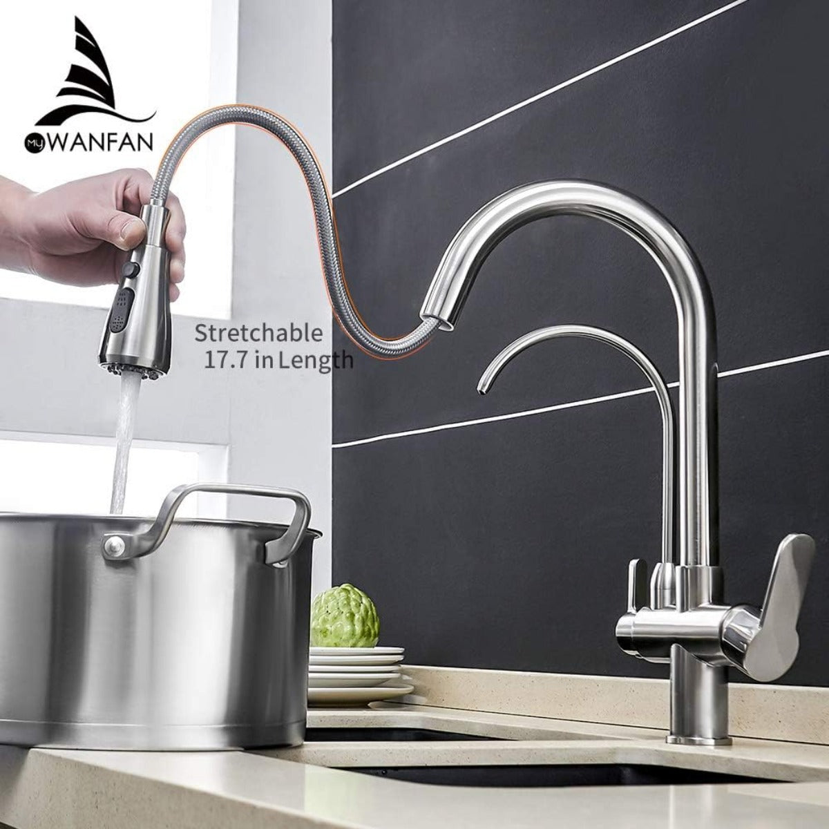 Wanfan kitchen sink faucet with pull-down sprayer 3-in-1 water filter