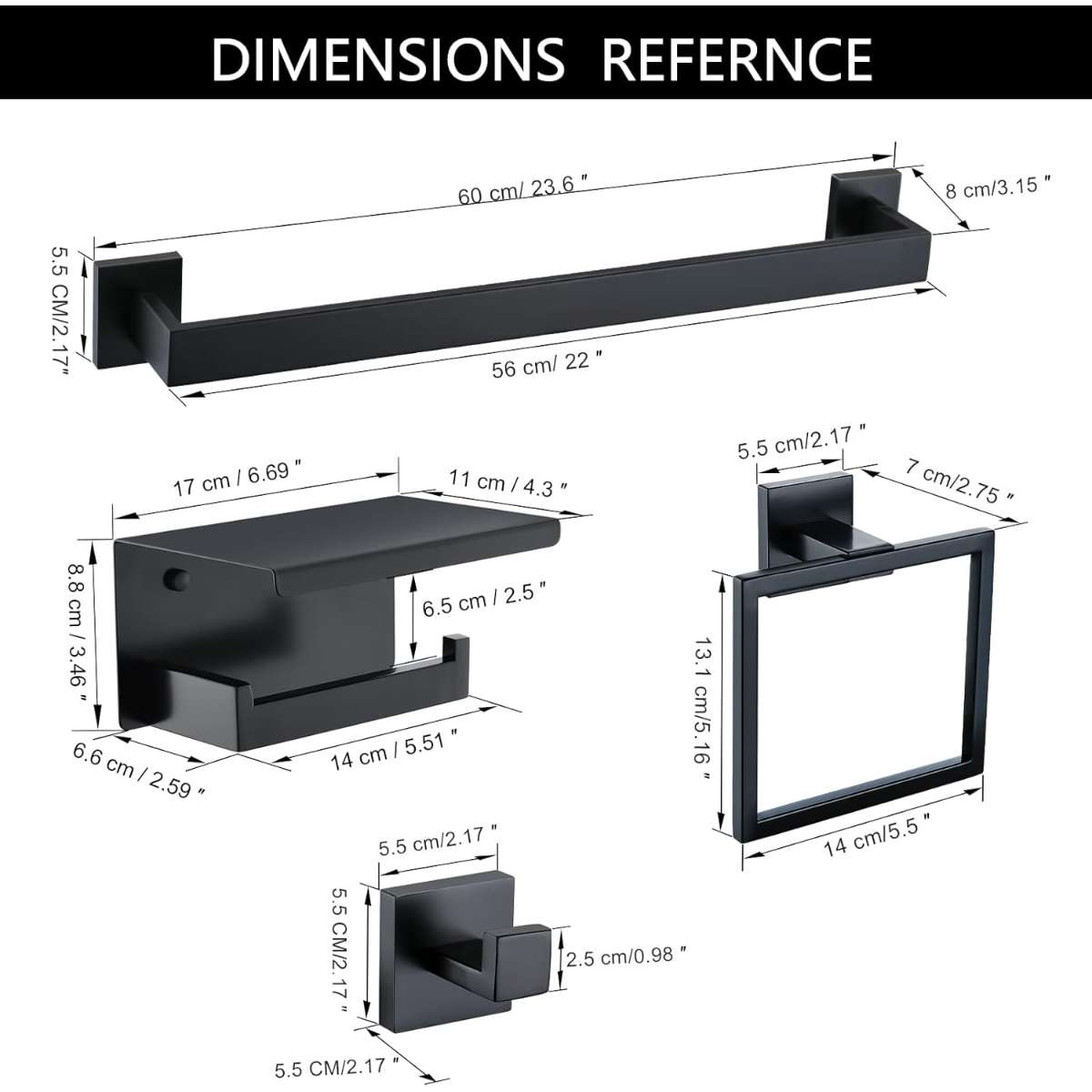 TNOMS Black Towel Rail Set 5-Piece Set