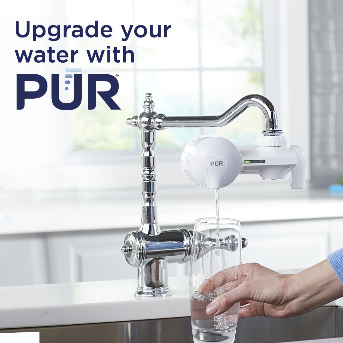 PUR faucet installed water filtration system horizontal, white, PFM150W