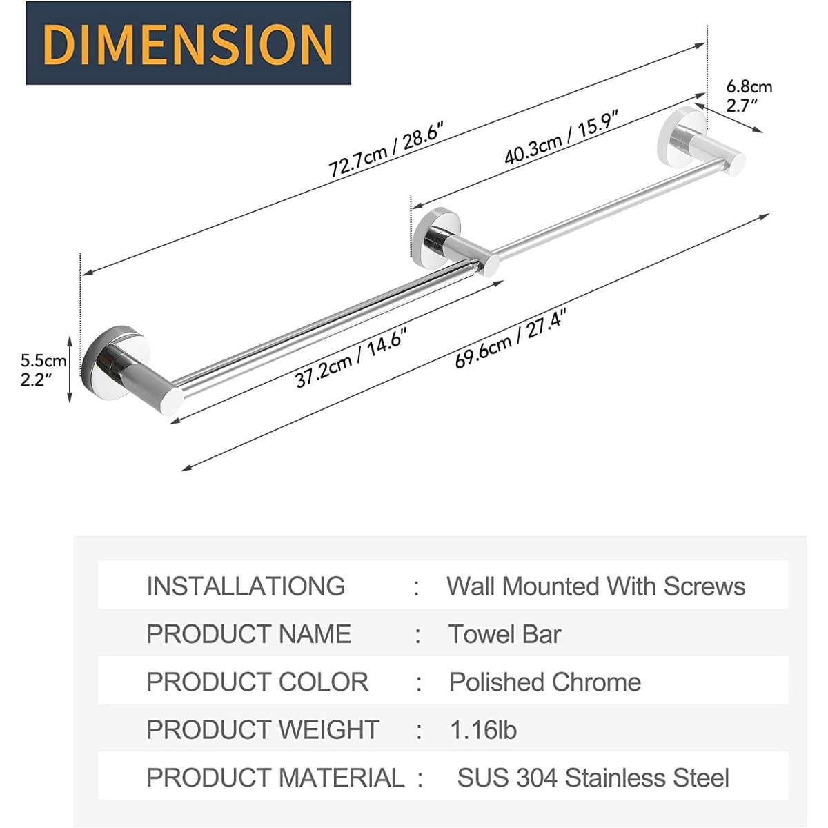 BESy adjustable 15.9 to 28.6 inch single towel bar rack