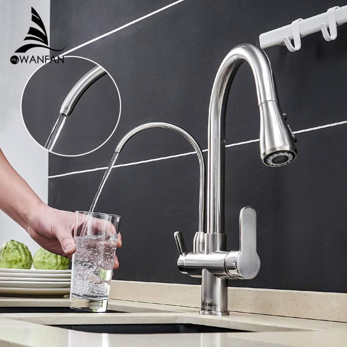 Wanfan kitchen sink faucet with pull-down sprayer 3-in-1 water filter