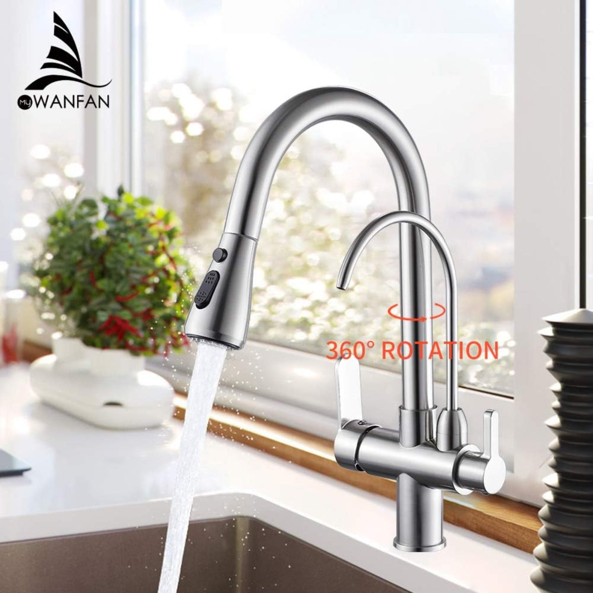 Wanfan kitchen sink faucet with pull-down sprayer 3-in-1 water filter