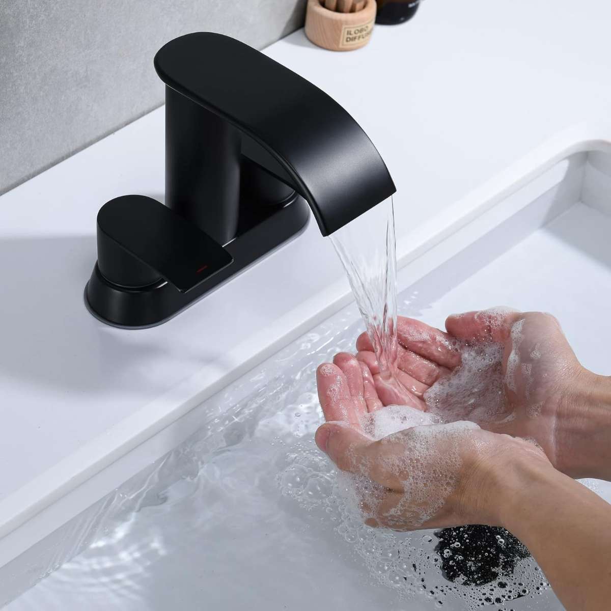 Waterfall bathroom sink faucet matte black